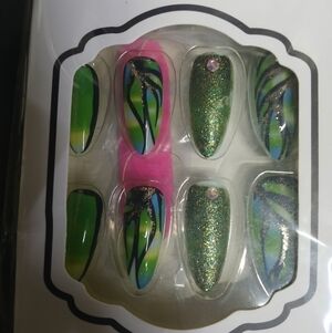 Green blue glitter art almond press on nails